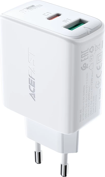 Stenski polnilec Acefast A5, 32W, USB Type-C/USB-A, bel