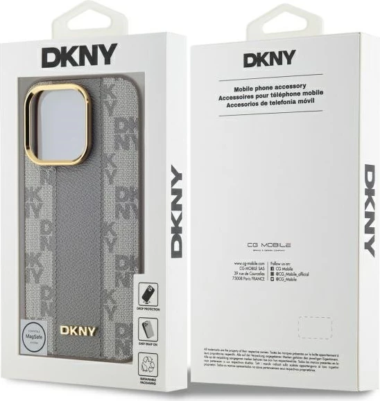Ovitek za telefon iz umetnega usnja z karo vzorcem MagSafe, DKNY, za iPhone 14 Pro, bež