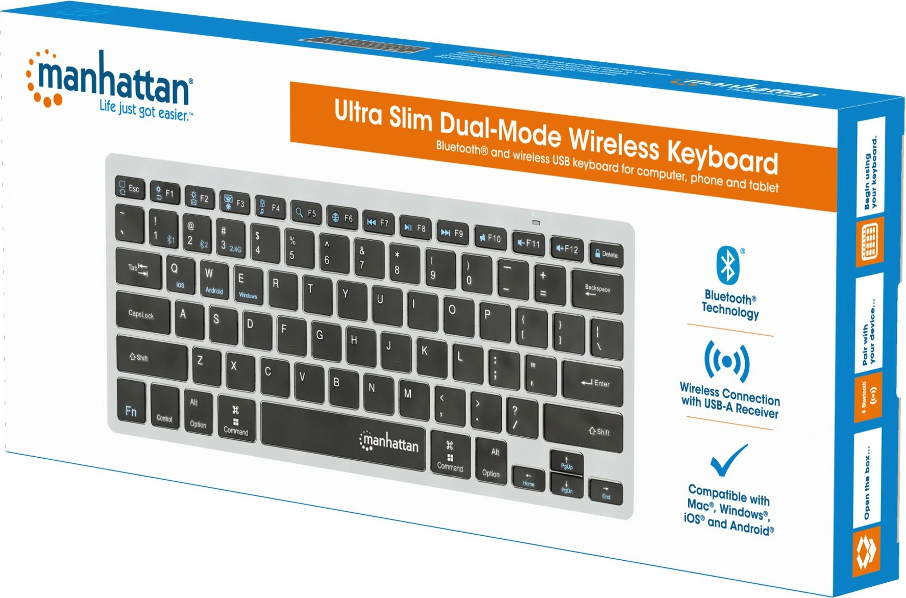 Slim brezžična tipkovnica MANHATTAN Funktastatur, Bluetooth 3.0/2.4GHz, antracit