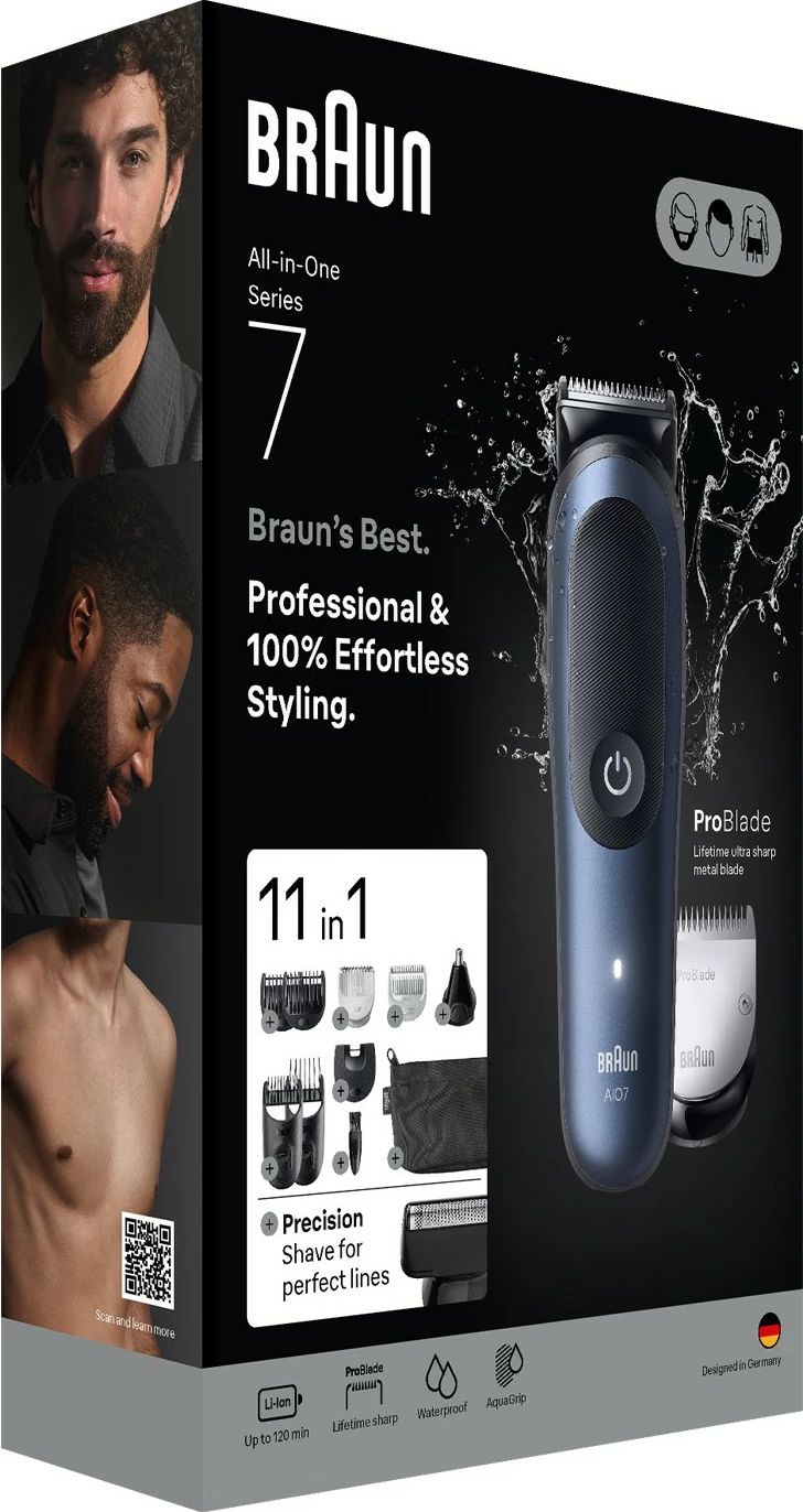 Univerzalna večfunkcijska brivnica Braun AIO7540, 120 min, črno/modra