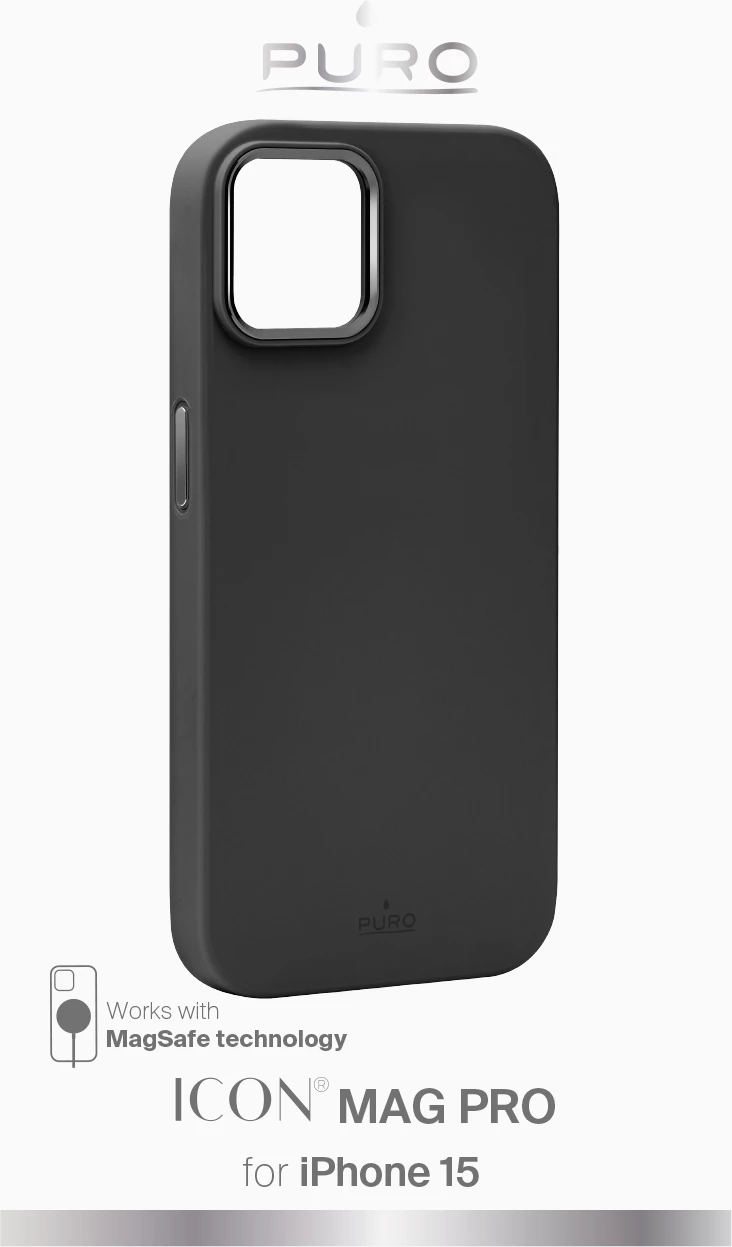 Zaščitni ovoj MagSafe Puro Icon Mag Pro za iPhone 15, silikon, črn