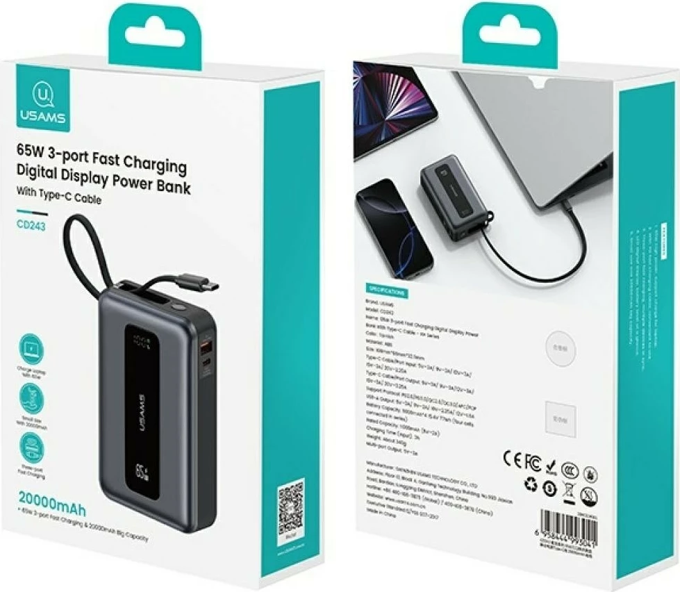 Powerbank USAMS XH Series CD243, 20000 mAh, 65 W, črn
