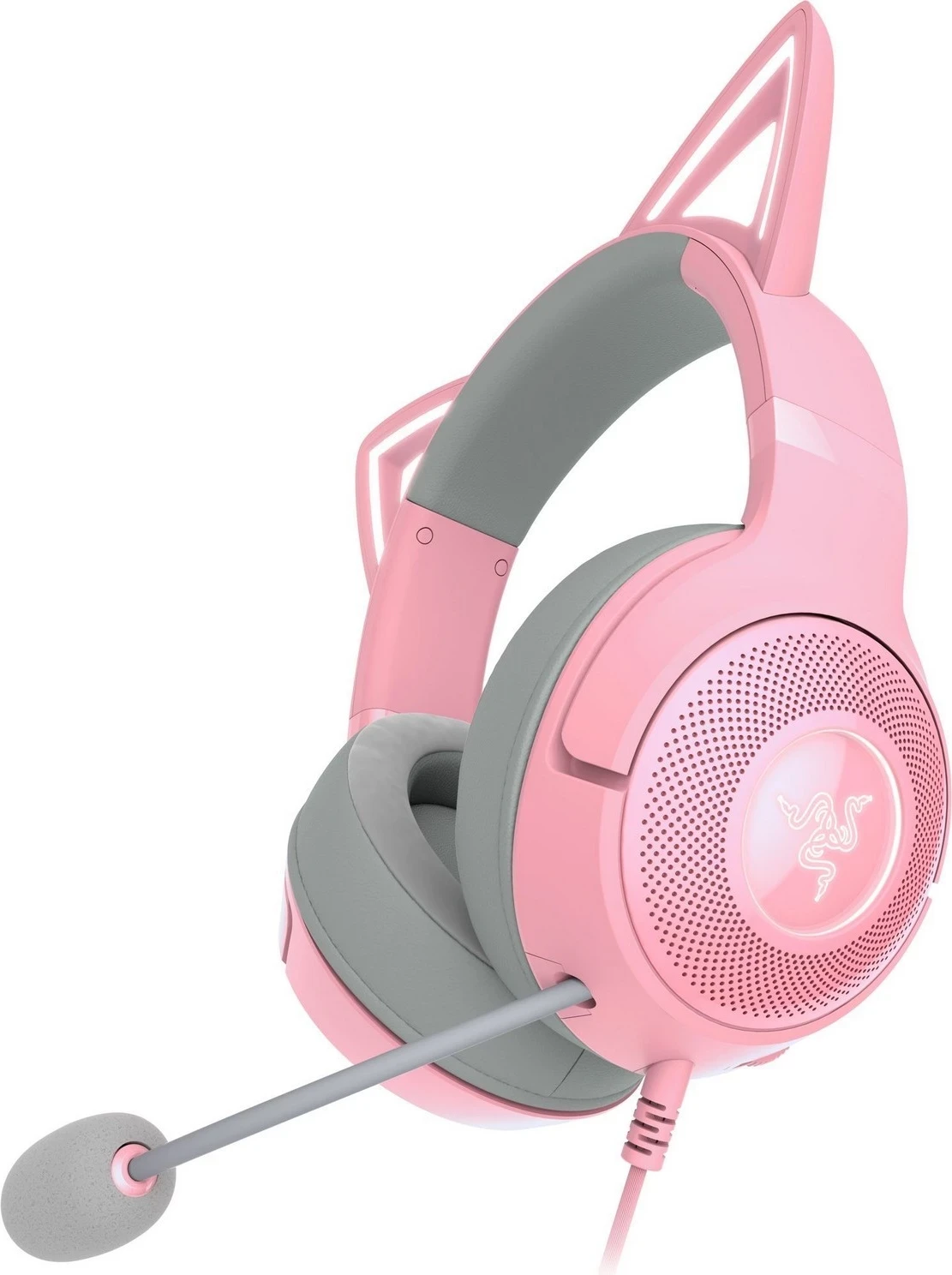 Krmilne slušalke z motivom mačjih ušes Razer Kraken Kitty V2 Quartz, rožnate