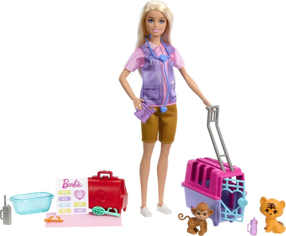 Set za reševanje živali z lutko, opico, tigerjim mladičem in dodatki, Barbie Mattel HRG50, za otroke
