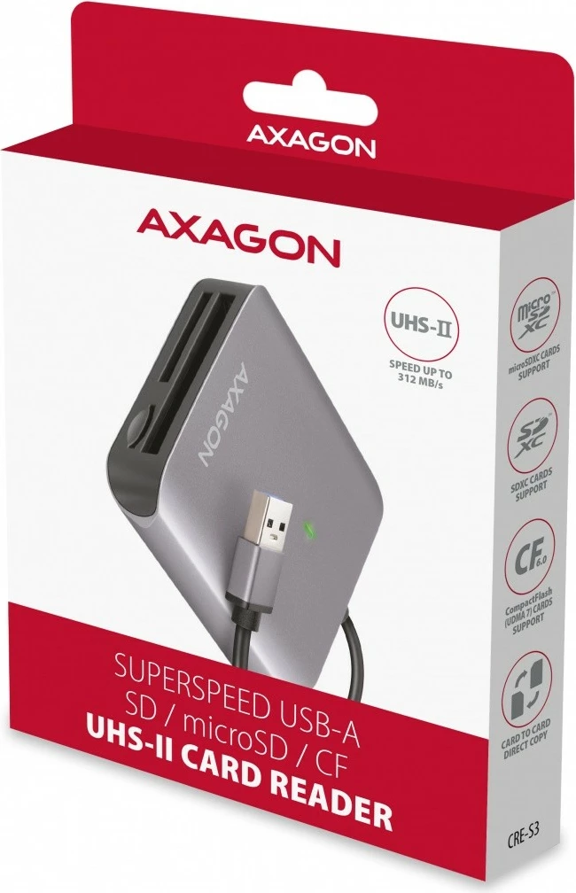 Kompakten bralnik kartic AXAGON CRE-S3, USB-A, 3 reže, USB 3.2 Gen 1, siv