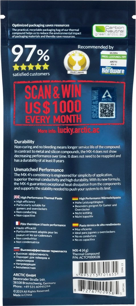 Termalna pasta ARCTIC MX-4, 4 g, 8,5 W/m·K, 2019