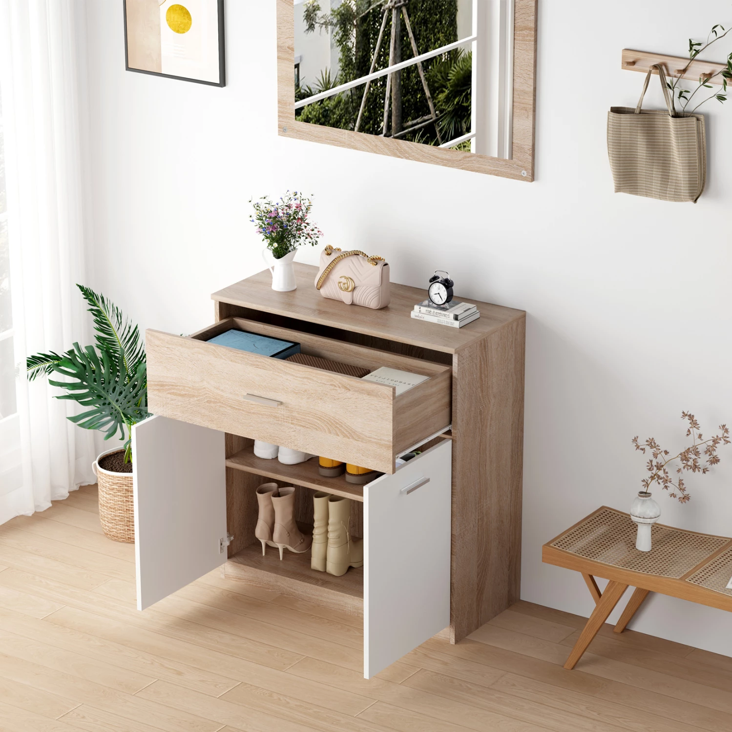 Omara za čevlje z predalom DIONNE FH4362 melamin v sonoma-beli 80x35x84H cm