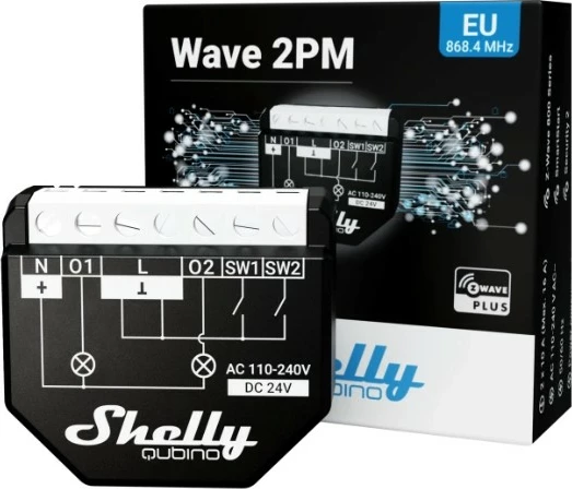 Pametno stikalo, brezžično, 25 dBmW, Z-Wave, 868,4 MHz Shelly Qubino WAVE 2PM, črn