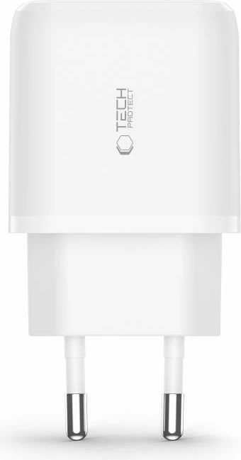 Stenski polnilec z USB-C PD 20W in USB-A QC 3.0 ter USB-C na Lightning kablom, Tech-Protect C20W, bel