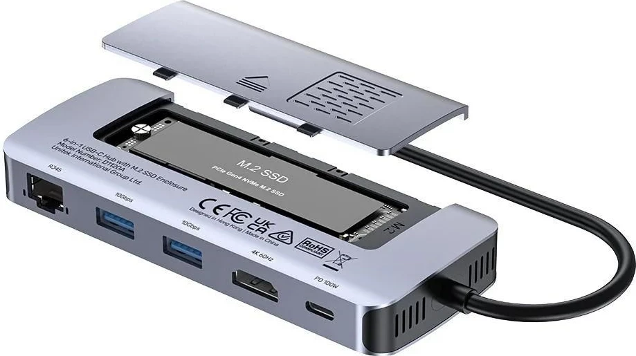 USB-C hub UNITEK Active, 10 Gbit/s, M.2, HDMI, Power Delivery 100 W, siv
