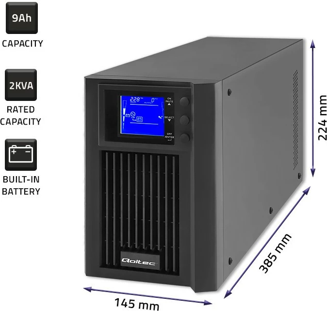 Neprekinjeno napajanje (UPS) Qoltec 53981, 2 kVA, 1600 W, čista sinusoida, LCD, USB, črn