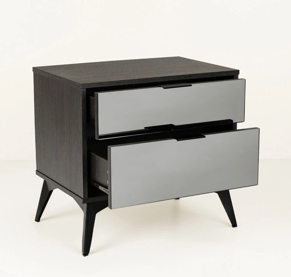 Nočna omarica, 2 predala, črni hrast z ogledalom Specchio, 58x39x55