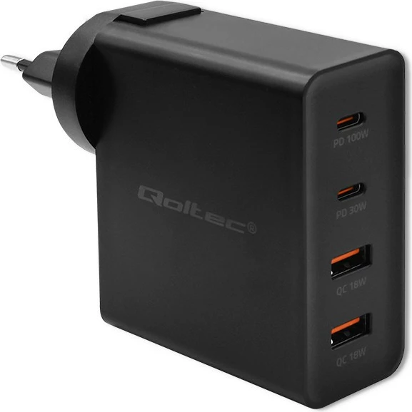 Močnik GaN za stensko vtičnico Qoltec Power Pro 52383, 130W, 2x USB-C, 2x USB-A, črn