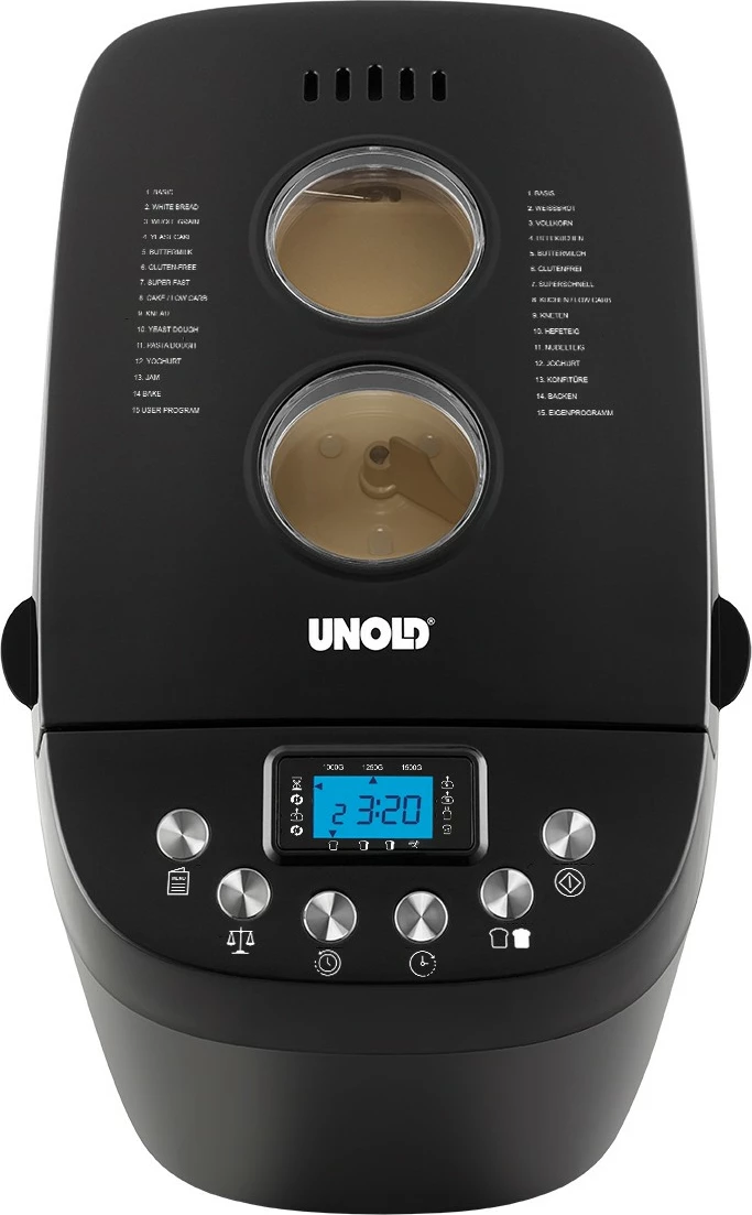 Pekač kruha UNOLD Backmeister Big, 1,5 kg, 15 programov, funkcija ogrevanja, okence za pogled, nadzor rženja, 850 W, črn