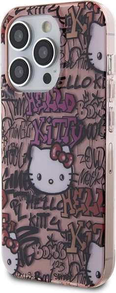 Ovitek za telefon z graffiti motivom Hello Kitty IML Tags za iPhone 15 Pro, rožnat