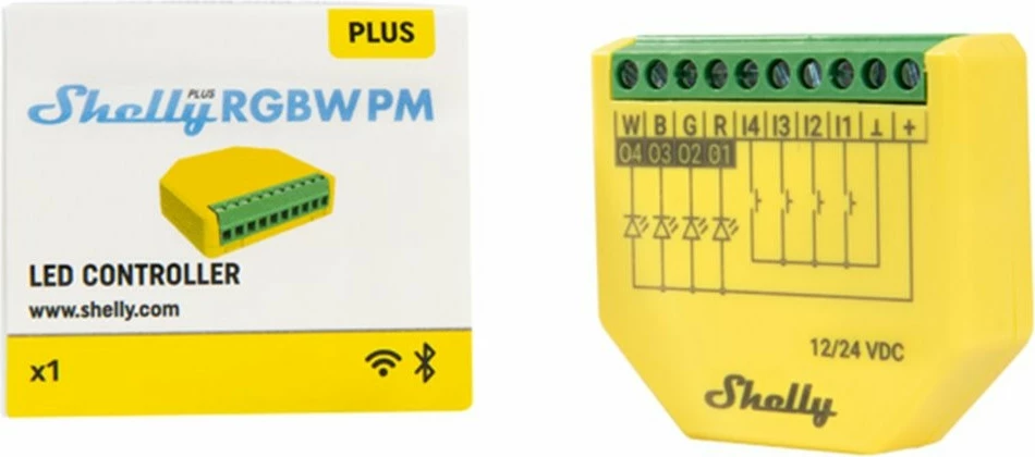 Kontroler RGBW Shelly Plus, brezžični, Wi‑Fi, 4 kanali, zelen, rumen