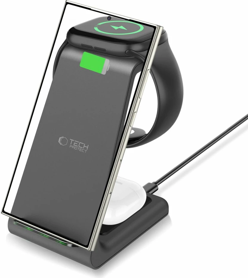 Stojalo za polnjenje 3-v-1 Tech-Protect QI15W-A36, za Android, črno