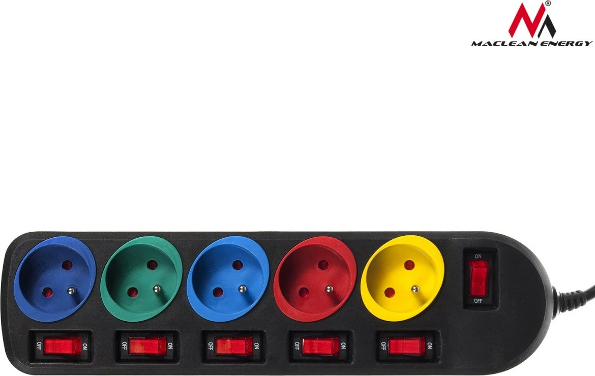 Večbarvna električna razdelilna doza Maclean MCE204M, 5 vtičnic, 1,5 m, z individualnimi stikali