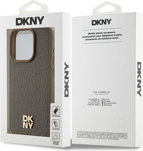 Ovitek z monogramom iz usnja, kovinski logotip, MagSafe za iPhone 15 Pro — DKNY, rjav