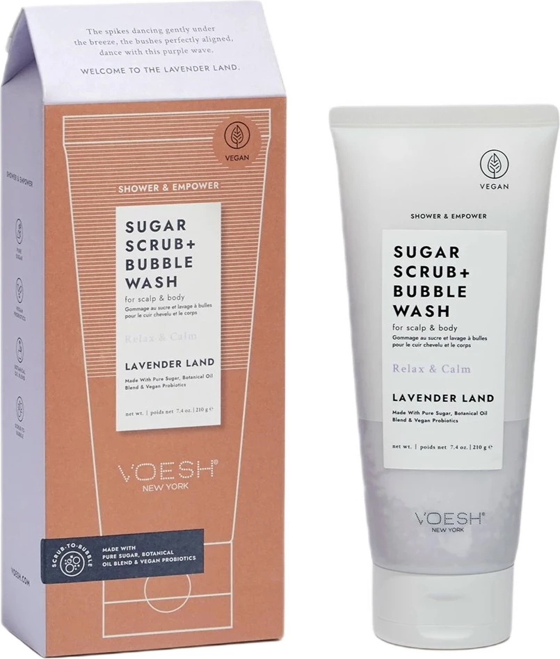 Peeling in gel za prhanje z vonjem sivke VOESH Sugar Scrub + Bubble Wash Lavender Land, ženski, 210 g