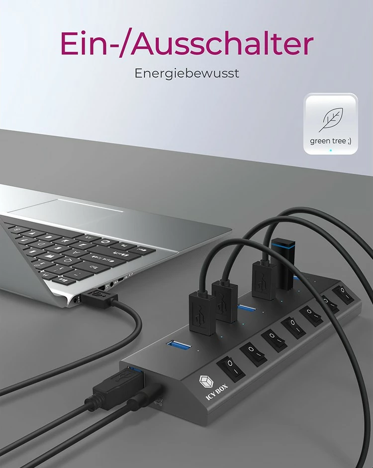 USB razdelilnik ICY BOX IB-HUB1701-C3, 7 vrat, USB 3.2, aluminij, antracit