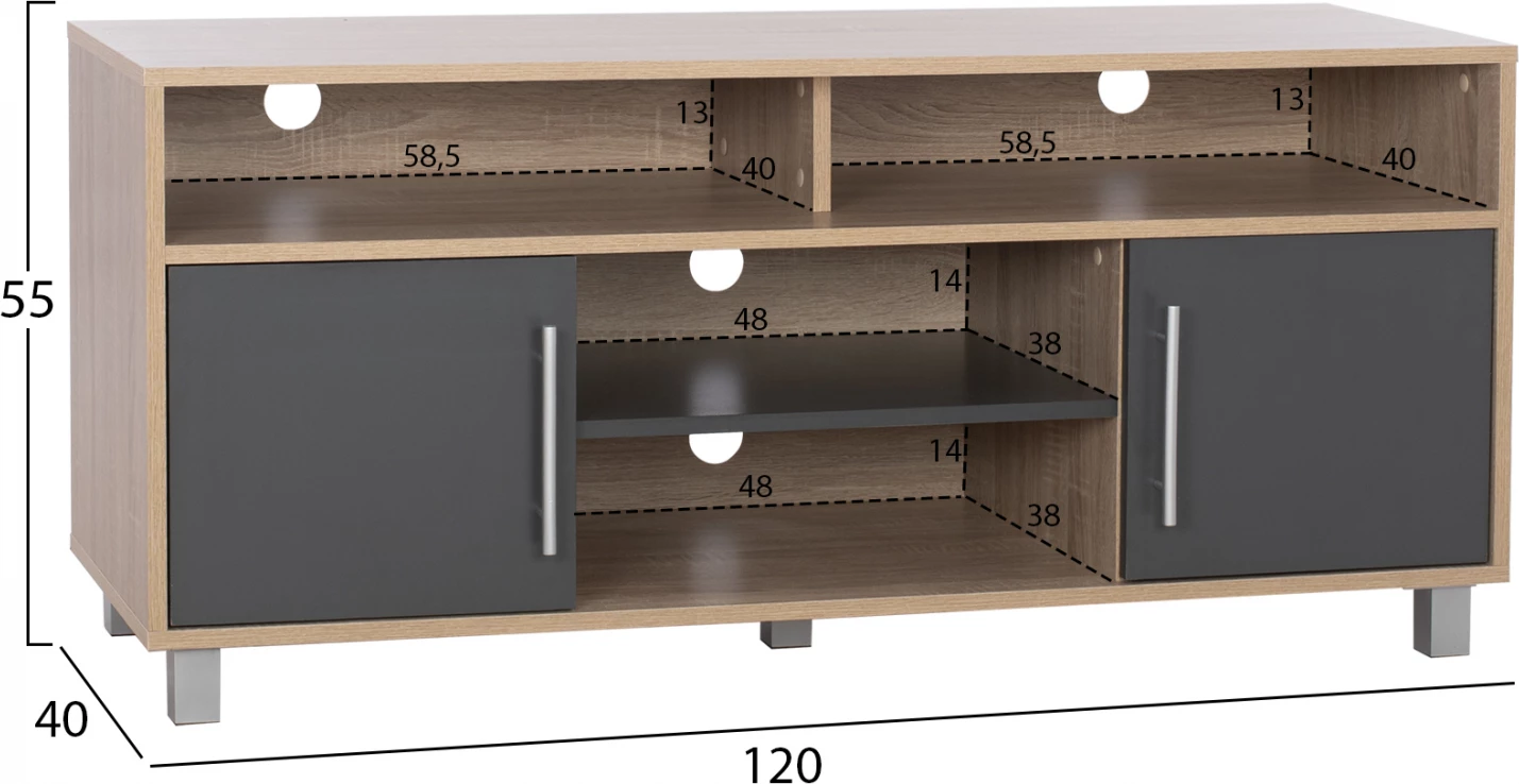 TV omarica iz melamina DANNA v sivi in sonama barvi 120x40x55 cm