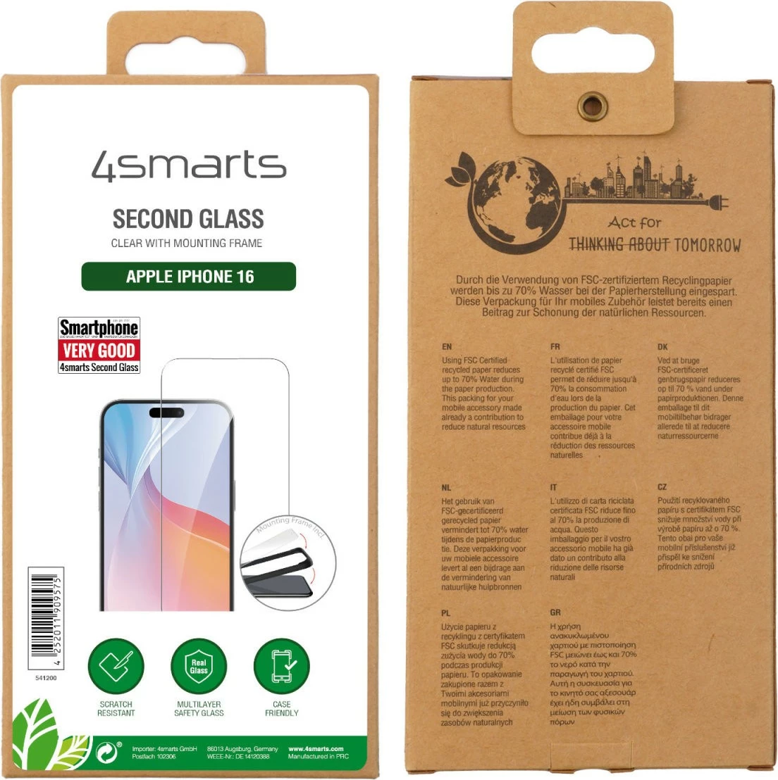 Trdo zaščitno steklo 4smarts za iPhone 16, prozorno