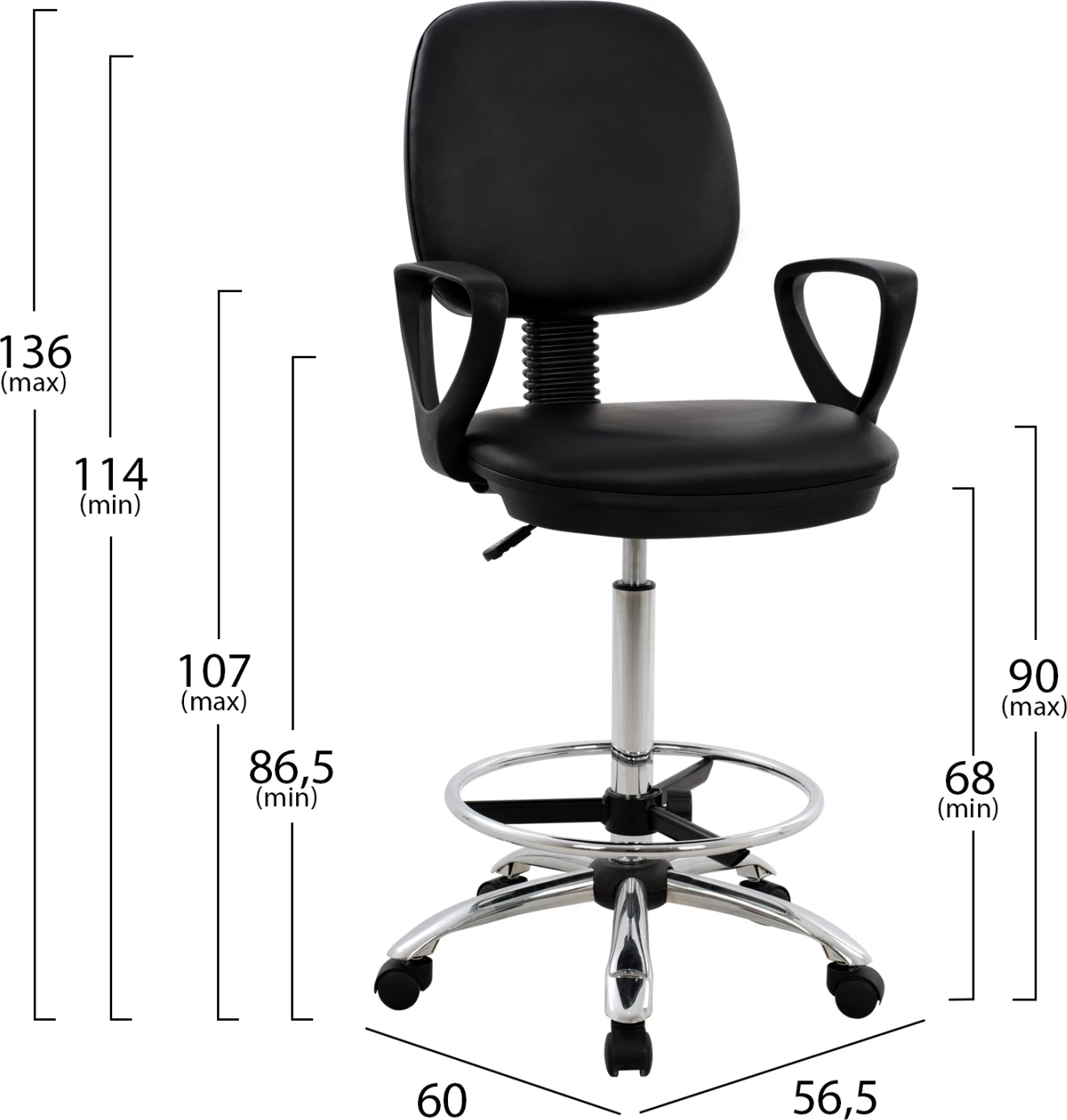 Pisarniški stol VEGAR FH1042.01 z obodno oporo za noge-visok sedež-črna 56,5x60x136Hcm