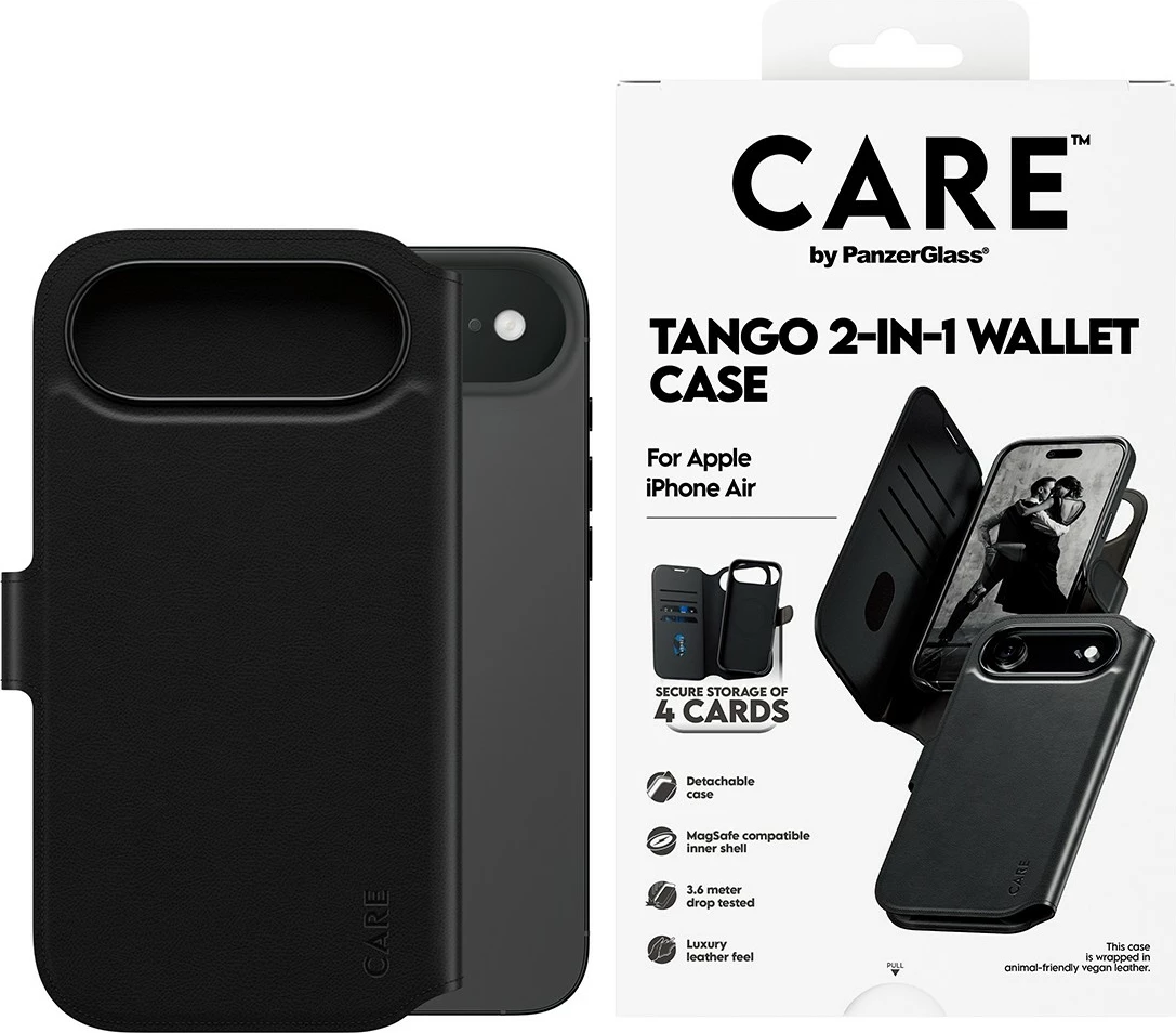 Ovitek za telefon 2-v-1 z denarnico, MagSafe PanzerGlass CARE Feature Case Tango za iPhone, črn