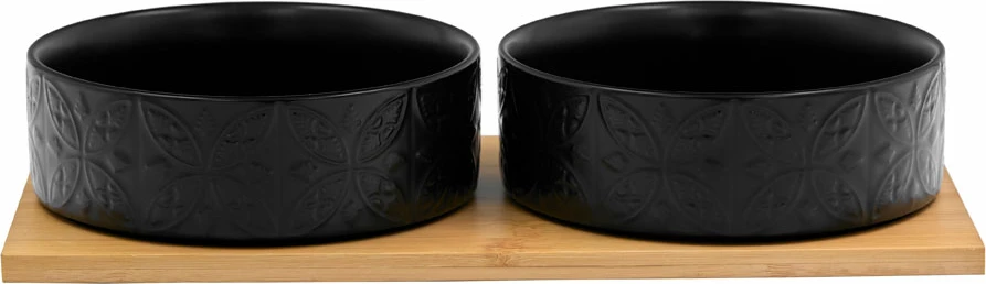 Dve skodelici iz črnega porcelana s podstavkoma iz naravnega bambusa, 30x15x5,5 cm