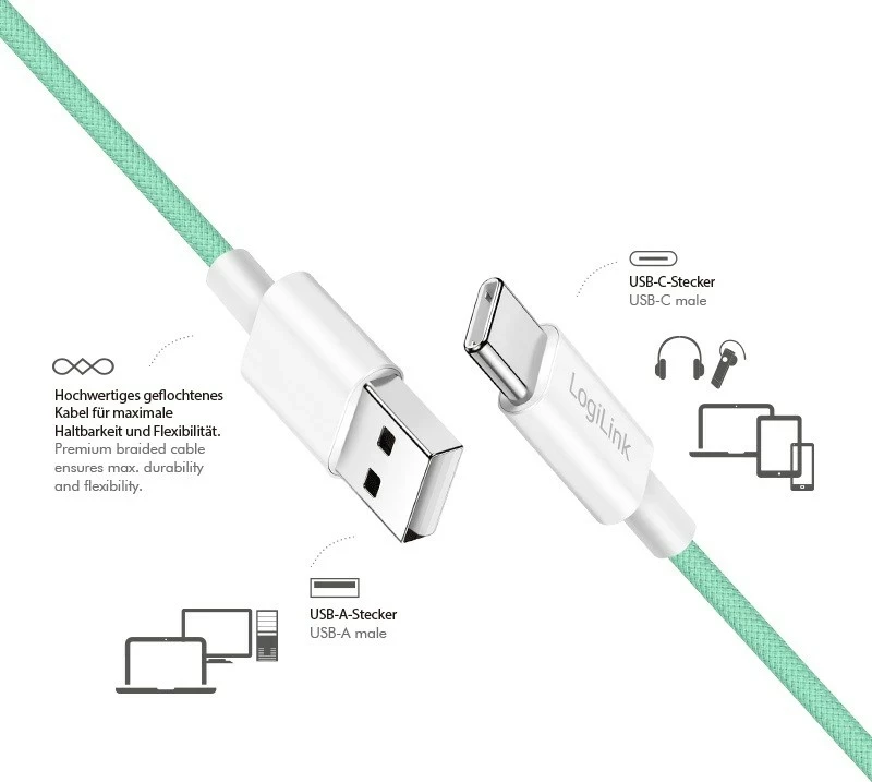 USB-A na USB-C kabel 0,5 m, najlon, zelen — LogiLink