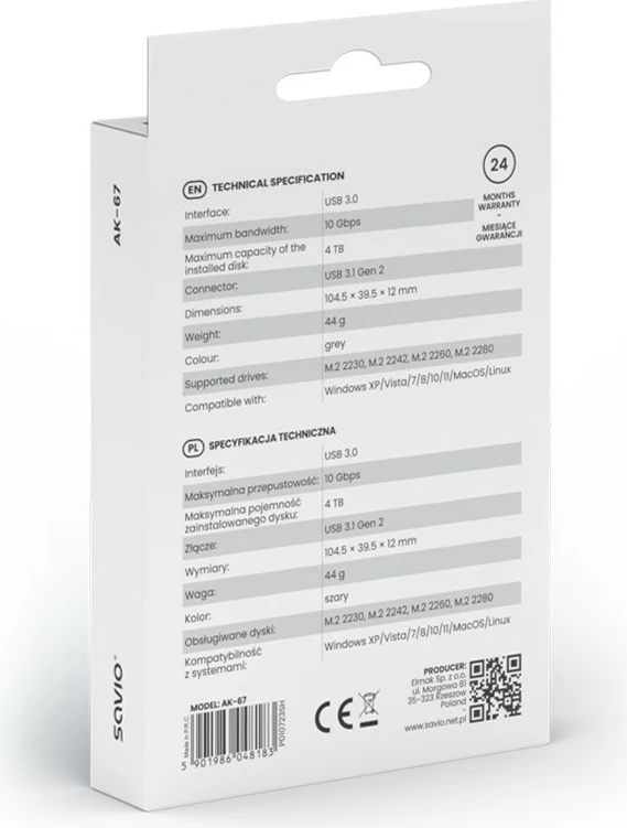 Zunanja ohišje za SSD M.2 NVMe Savio AK-67, USB-C 3.1, siva