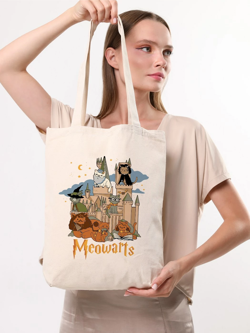 Tote torba Meowarts Pauldavis, krem, 35x40x8 cm