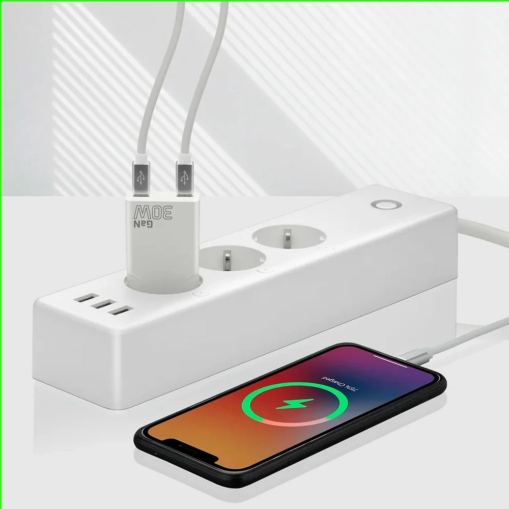 Stenski polnilnik GaN PD 30W, 2x USB-C, super tanek, bel, everActive SC-385Q