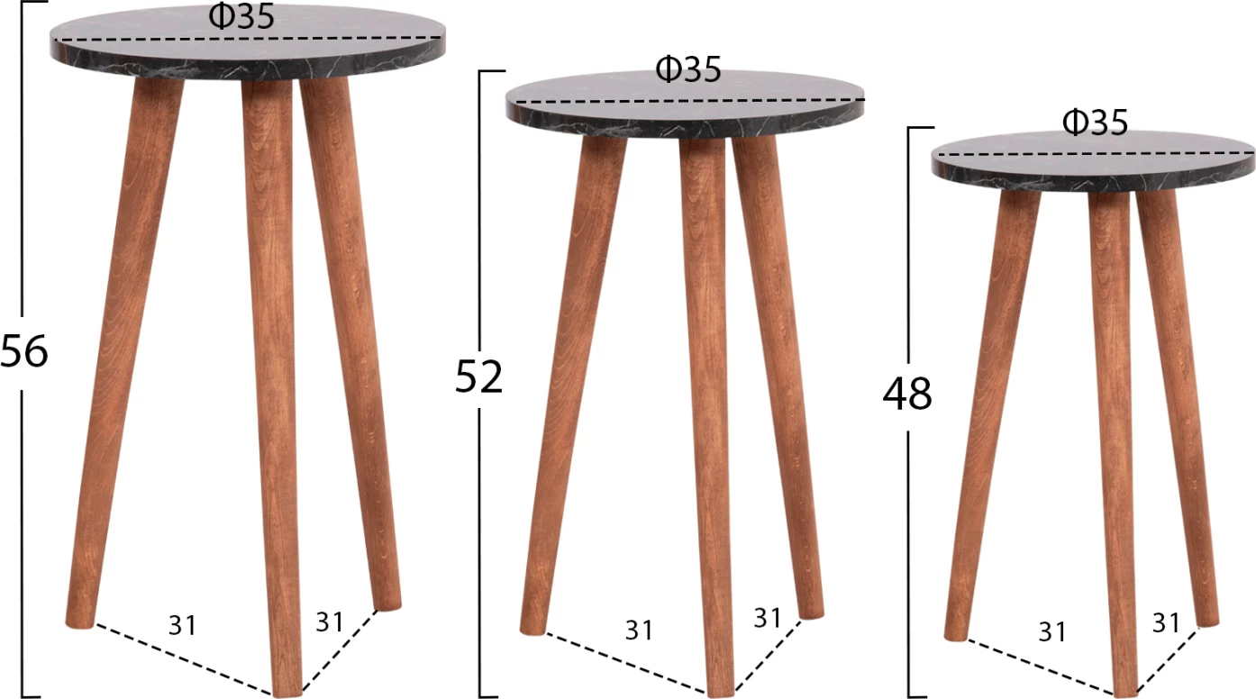 Set klubske mize in 3 stranske mize VITAL FH18180.02 melamin v črnem marmorju-lesene noge v orehu