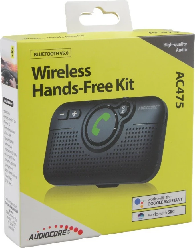 Prostoročni komplet Bluetooth, Audiocore AC475, BT 5.0 A2DP, zvočnik 2 W, DSP za odpravo odmeva, podpora Google/Siri, črn