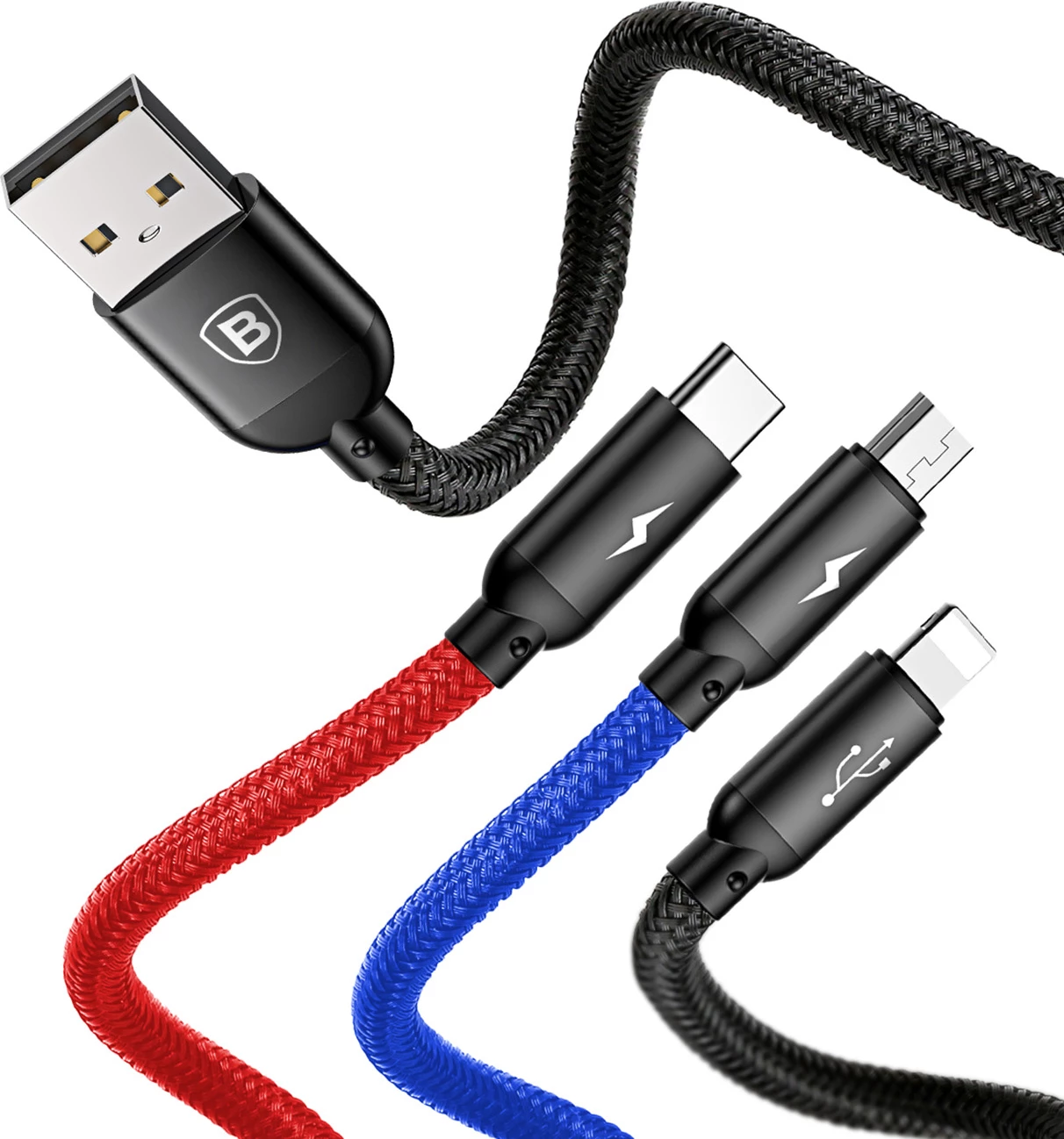 3-v-1 kabel Baseus Three Primary Colors CAMLT-BSY01, 0,3 m, USB-A v micro USB/Lightning/USB-C, črn/rdeč/moder