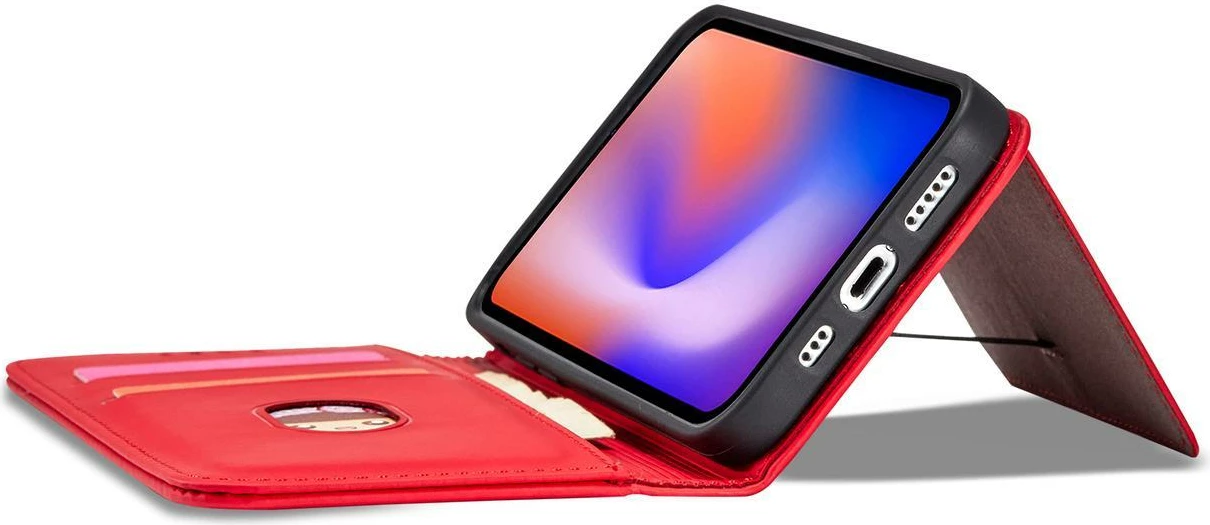 Ovitek za telefon z magnetnim zapiranjem, držalom in denarnico, Hurtel iPhone 12 Pro, rdeč