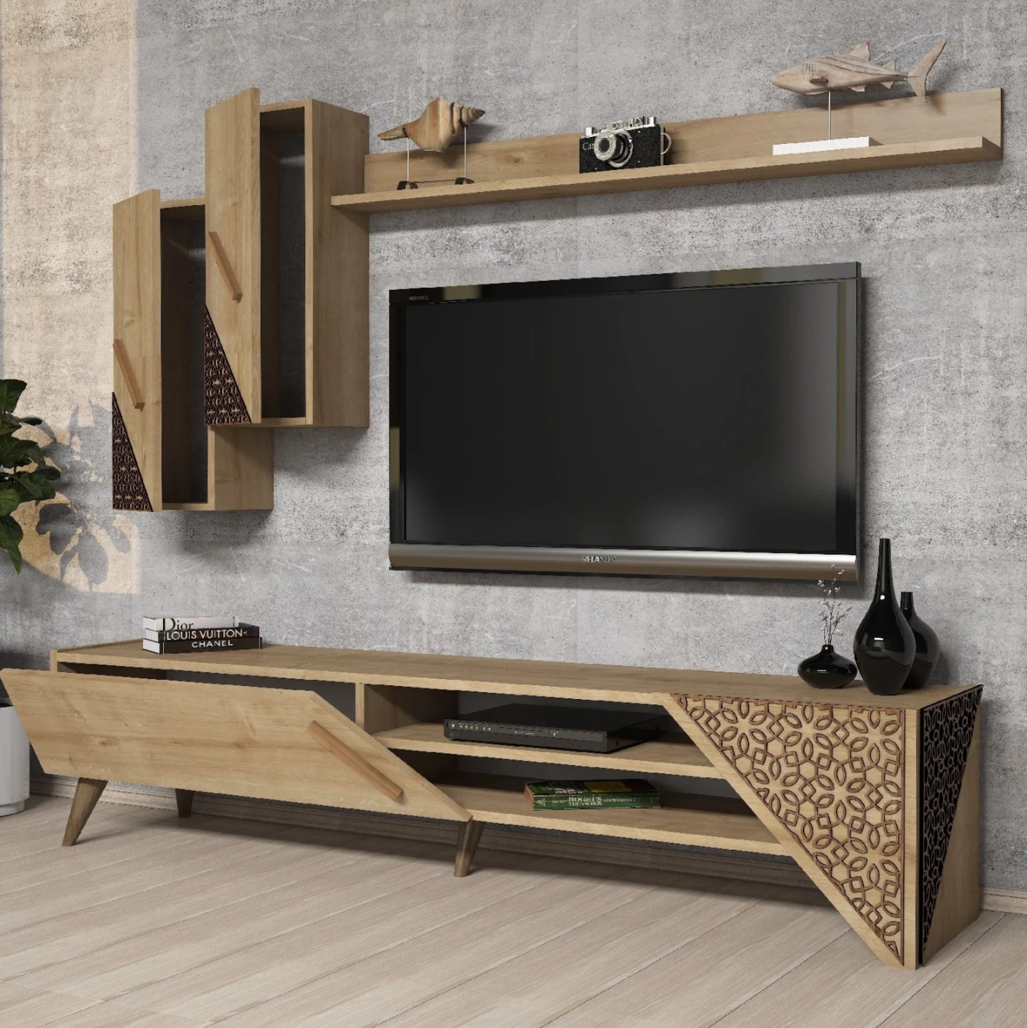 TV kombinirano pohištvo FH9514.01 iz melamina v naravni barvi hrasta 180x37x40Hcm