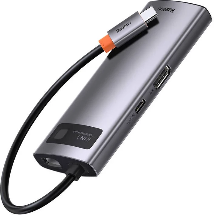 Večfunkcijski USB-C hub Baseus Metal Gleam Series CAHUB-CW0G, 6 v 1, 3x USB 3.0 + HDMI + USB-C PD + Ethernet RJ45, siv