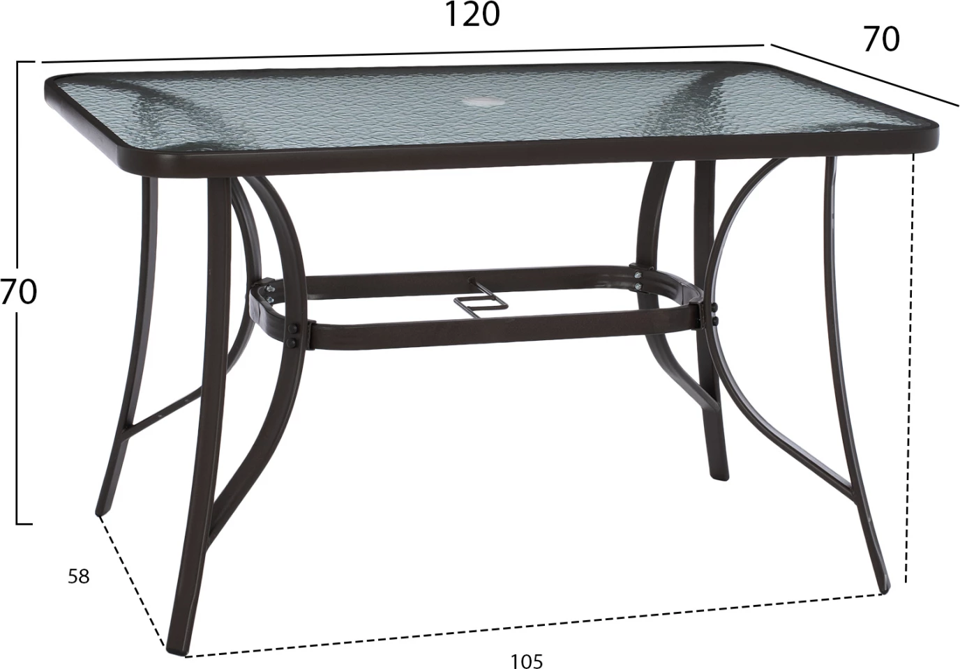 Zunanja miza rjave barve iz kovine in stekla z odprtino za dežnik 120Χ70Χ72Hcm.FH5021.12