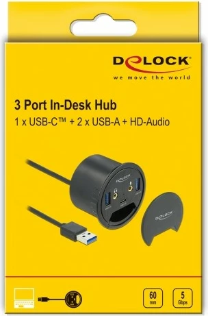 USB razdelilnik DeLOCK, 3 priključki: 1x USB Type-C, 2x USB Type-A, HD-avdio, črn