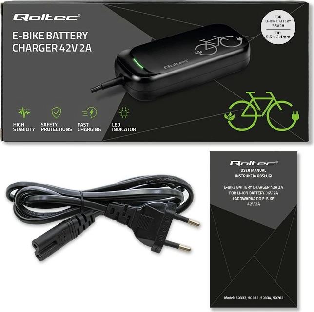 Polnilec za električno kolo Qoltec 50332, 42V 2A, črn