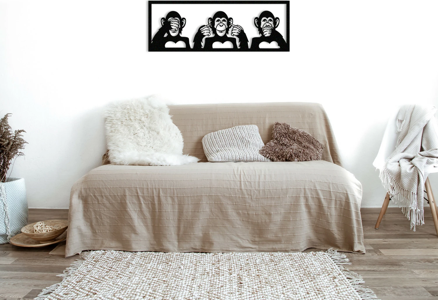 Dekorativni kovinski stenski okrasek, trije opice, Wallity, črn, 70 x 25 cm