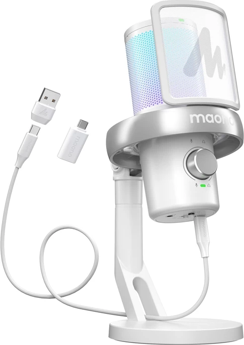 Brezžični kondenzatorski mikrofon Maono DM40 Pro, AI Voice Changer, RGB, bel