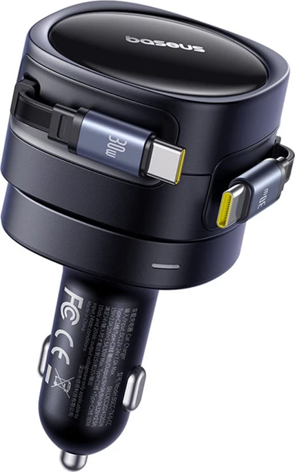 Polnilec za avto z dvema integriranima USB-C kabloma, 60 W, črn, Baseus Enjoyment Max