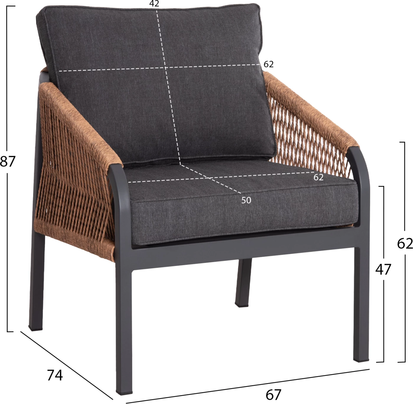 Aluminijasti naslanjač MAYBEL FH6283.01 antracit z rjavim P.E. ratanom 67x74x72-87Hcm