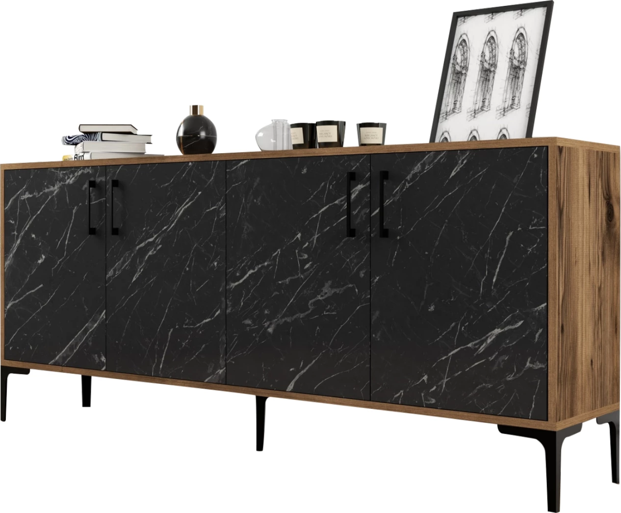 Bife FH9428.03 melamin oreh z vrati v videzu črnega marmorja 180x35x78H cm