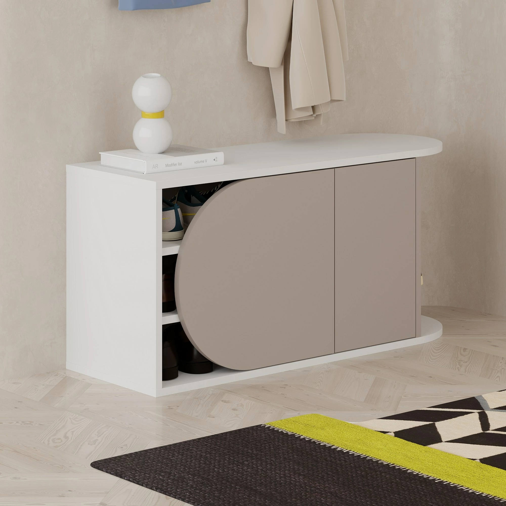 Omarica za čevlje z sediščem, Skye Decor, bela in svetlo moka
