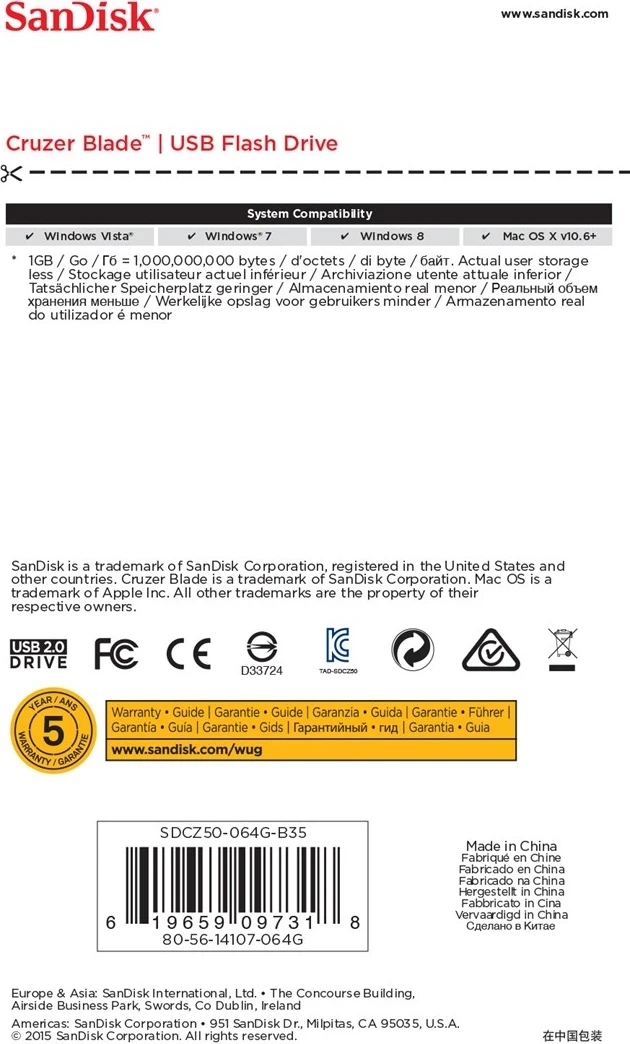 USB ključ 64 GB, črn in rdeč Sandisk Cruzer Blade